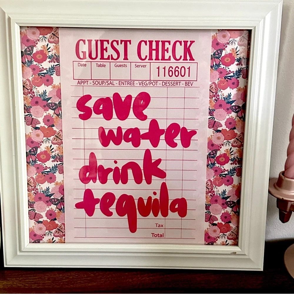 Save Water, Drink Tequila Wall Art Cocktail Poster Canvas Print Framed Pink